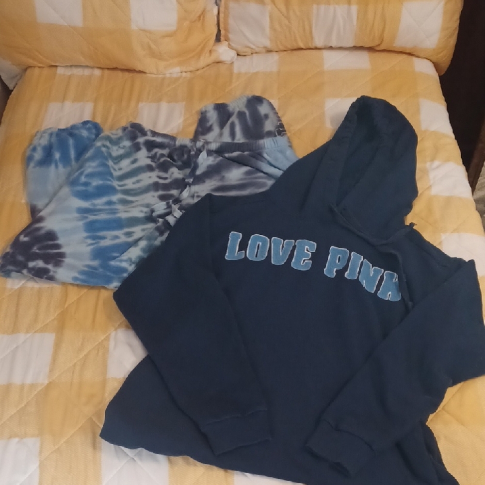 PINK Victoria's Secret Blue LOVE PINK Hoodie and Matching Tie Dye Sweatpants